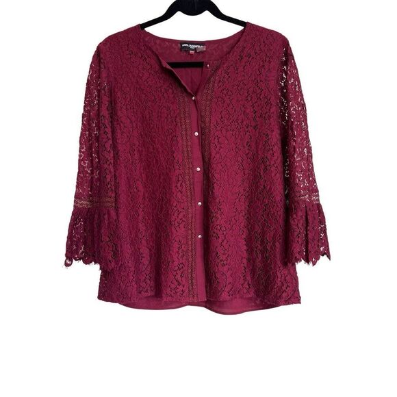 Karl Lagerfeld Blouse Womens Large Burgundy Button Front Lace Bell Sleeve Formal - Picture 1 of 10